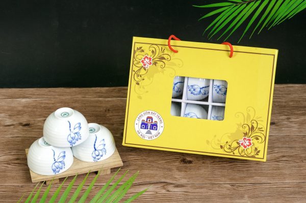 Bộ Quà Tặng Bát ăn Cơm Vẽ Hoa Sen Lam Bát Tràng | Quà Tặng Sứ Bát Tràng